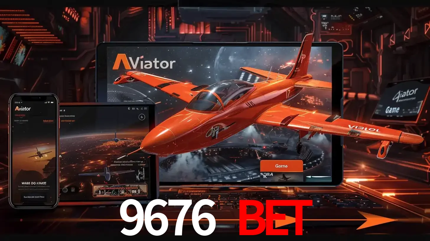 Apresentação tecnológica do jogo Aviator com um avião saindo da tela de um tablet, demonstrando a experiência imersiva em múltiplos dispositivos no 9676 BET.