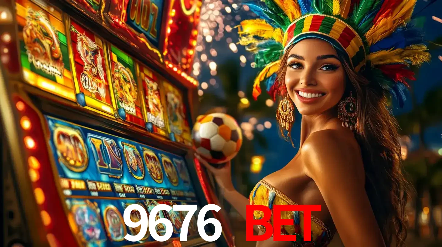 Mulher com um cocar de carnaval ao lado de uma máquina de caça-níqueis enquanto segura uma bola de futebol, mostrando a união da diversão de cassino e esportes no 9676 BET.