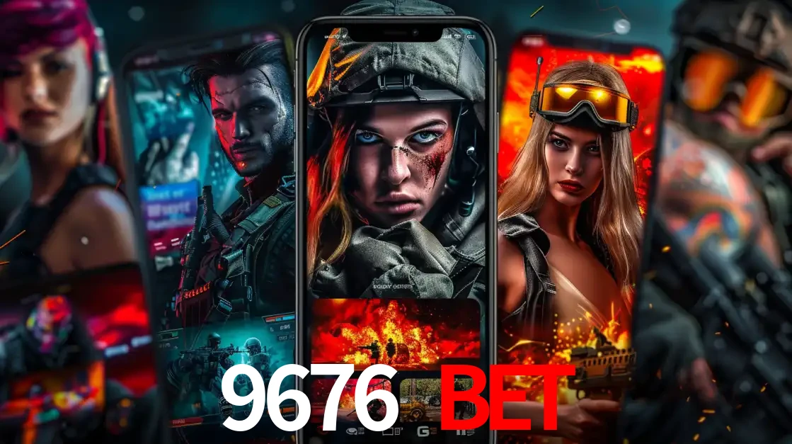 Montagem de telas de celular mostrando diversos personagens, masculinos e femininos, de um jogo de tiro, ilustrando a diversidade de equipes de e-sports para apostar no 9676 BET.