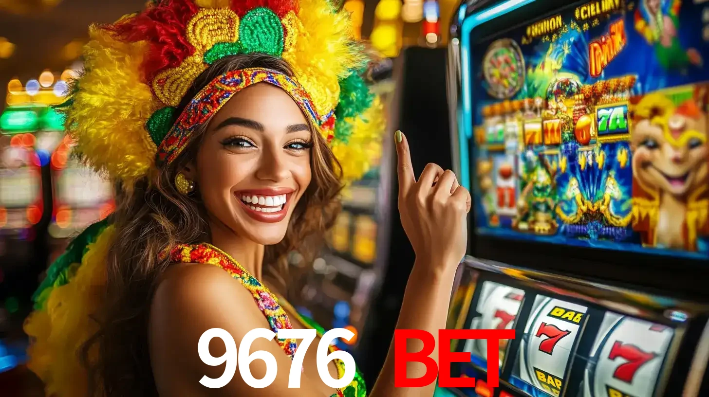 Mulher animada com um cocar de carnaval apontando para uma máquina de caça-níqueis, mostrando a emoção de ganhar um grande prêmio nos jogos do 9676 BET.