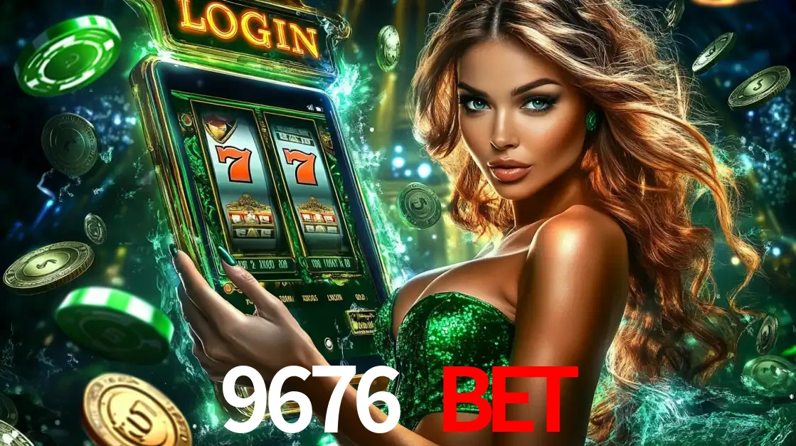 Mulher com tema verde apresentando o aplicativo do cassino 9676 BET com um jogo de slot de 777, cercada por fichas de cassino e uma aura de sorte.