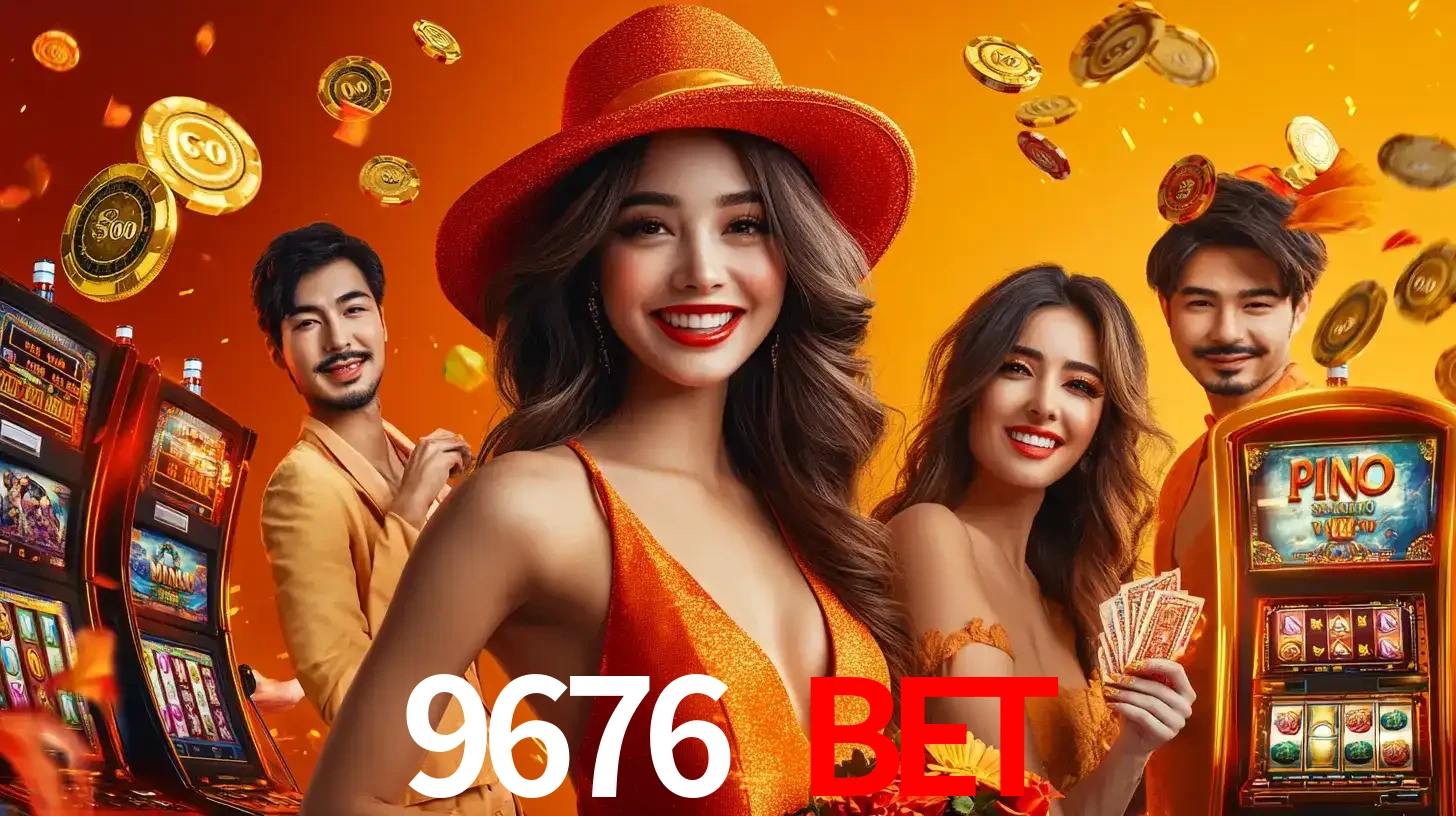 Grupo de amigos asiáticos sorrindo e se divertindo com máquinas de caça-níqueis em um ambiente festivo, celebrando suas vitórias nos jogos de cassino do 9676 BET.