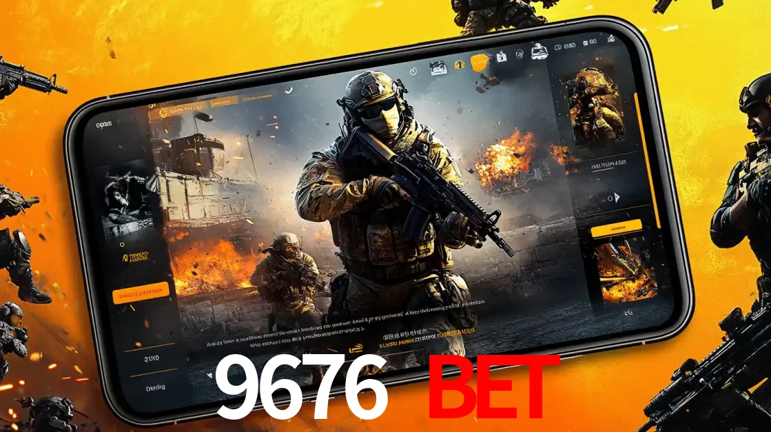 Um smartphone exibindo a interface de um jogo de tiro em primeira pessoa, com um soldado em um cenário de batalha, representando a ação dos e-sports para apostar no 9676 BET.