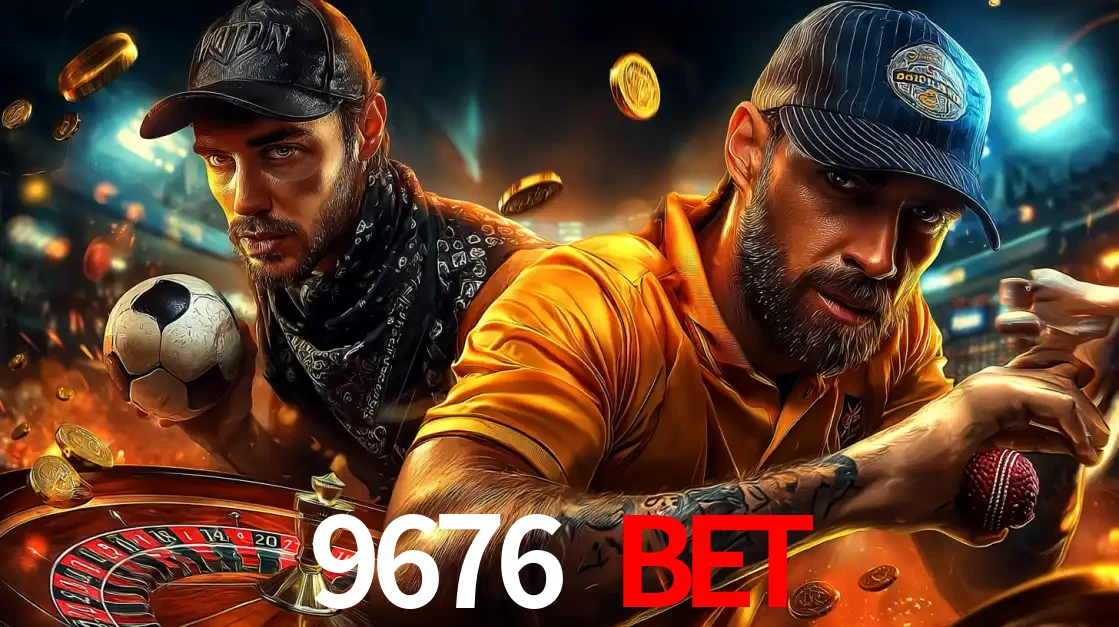 Montagem de apostas esportivas e cassino no 9676 BET, com um homem segurando uma bola de futebol e outro uma de beisebol sobre uma roleta e moedas voadoras.