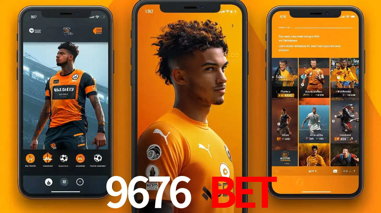 Interface do aplicativo de apostas esportivas 9676 BET em três telas de celular, mostrando o perfil de um jogador de futebol e a lista de jogos disponíveis para apostar.