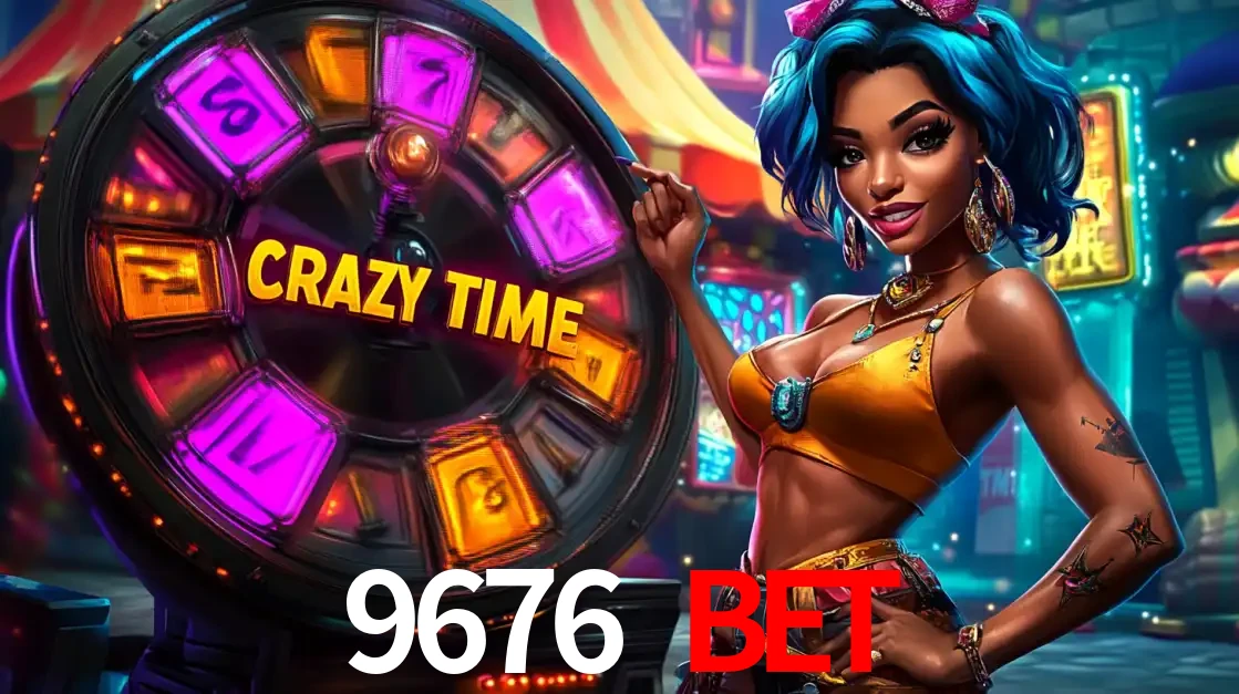 Mulher estilizada com cabelo azul e visual vibrante posando ao lado da roda de prêmios do game show Crazy Time, convidando para a diversão e os bônus do cassino 9676 BET.