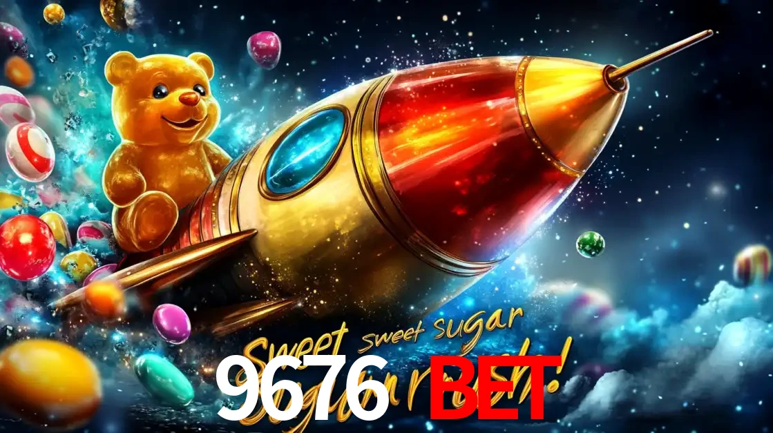 Arte promocional do jogo de slot Sugar Rush, com um urso de pelúcia em um foguete viajando pelo espaço de doces, um dos jogos divertidos disponíveis no cassino 9676 BET.