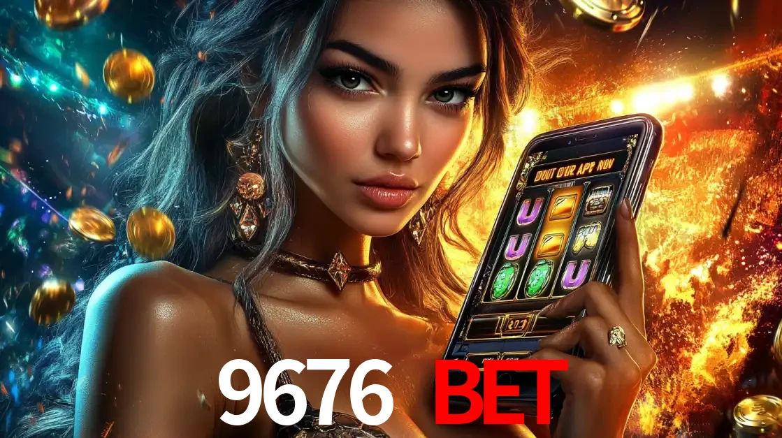 Mulher elegante mostrando um jogo de caça-níqueis em seu smartphone, destacando a experiência de cassino móvel oferecida pelo aplicativo 9676 BET.