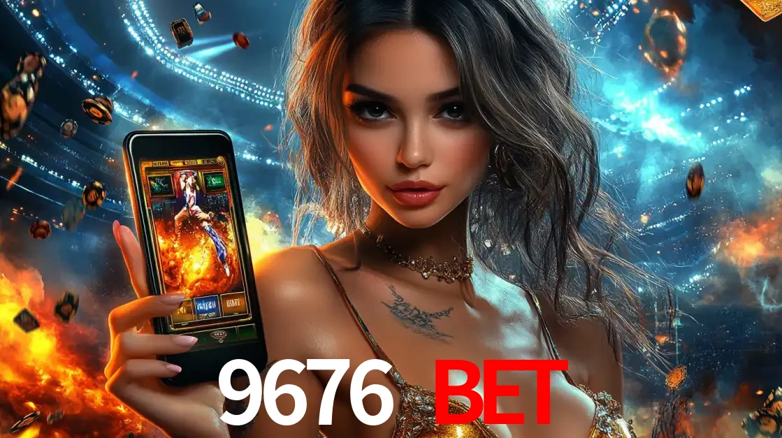 Mulher segurando um celular com um jogo de slot em destaque, tendo como fundo um estádio vibrante, simbolizando a emoção de jogar no cassino móvel 9676 BET.